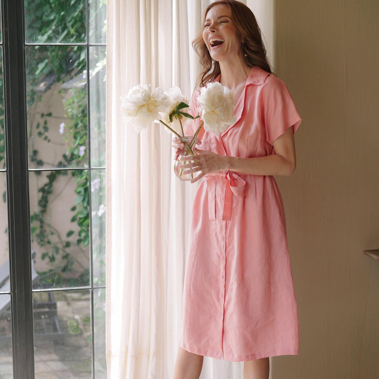 ARYA Safari Linen Midi Dress, in Salmon Pink - The Higher Flower