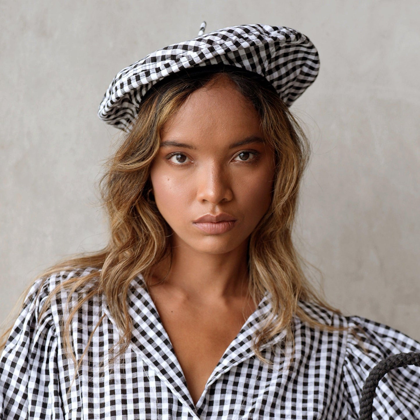 SIMONE Gingham Beret Hat In Black - The Higher Flower