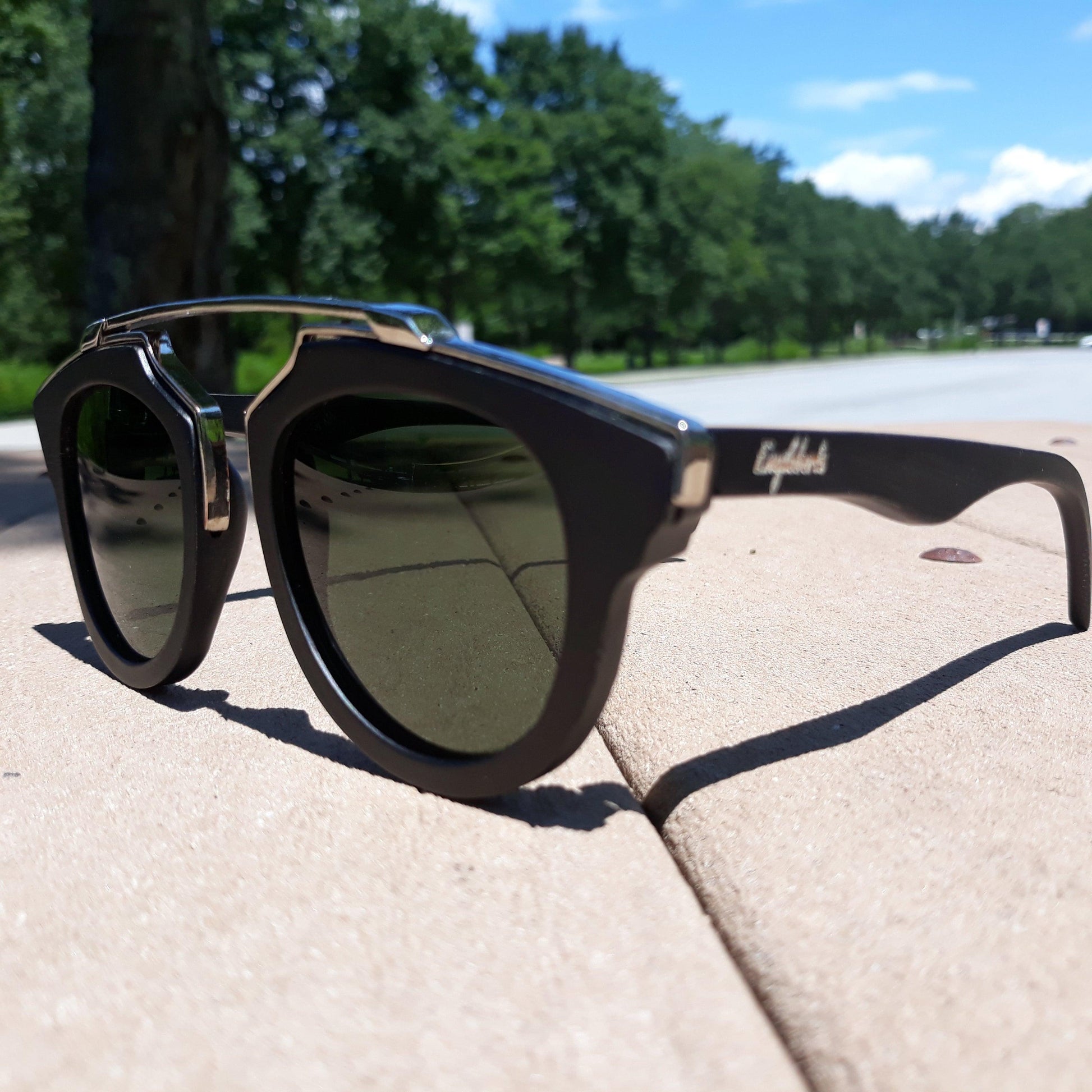 Black Wood and Silver Trim Sunglasses, G15 Lenses with Bamboo Case - The Higher Flower