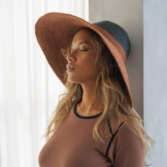 RIRI DUO Jute Straw Hat, in Burnt Sienna & Black - The Higher Flower