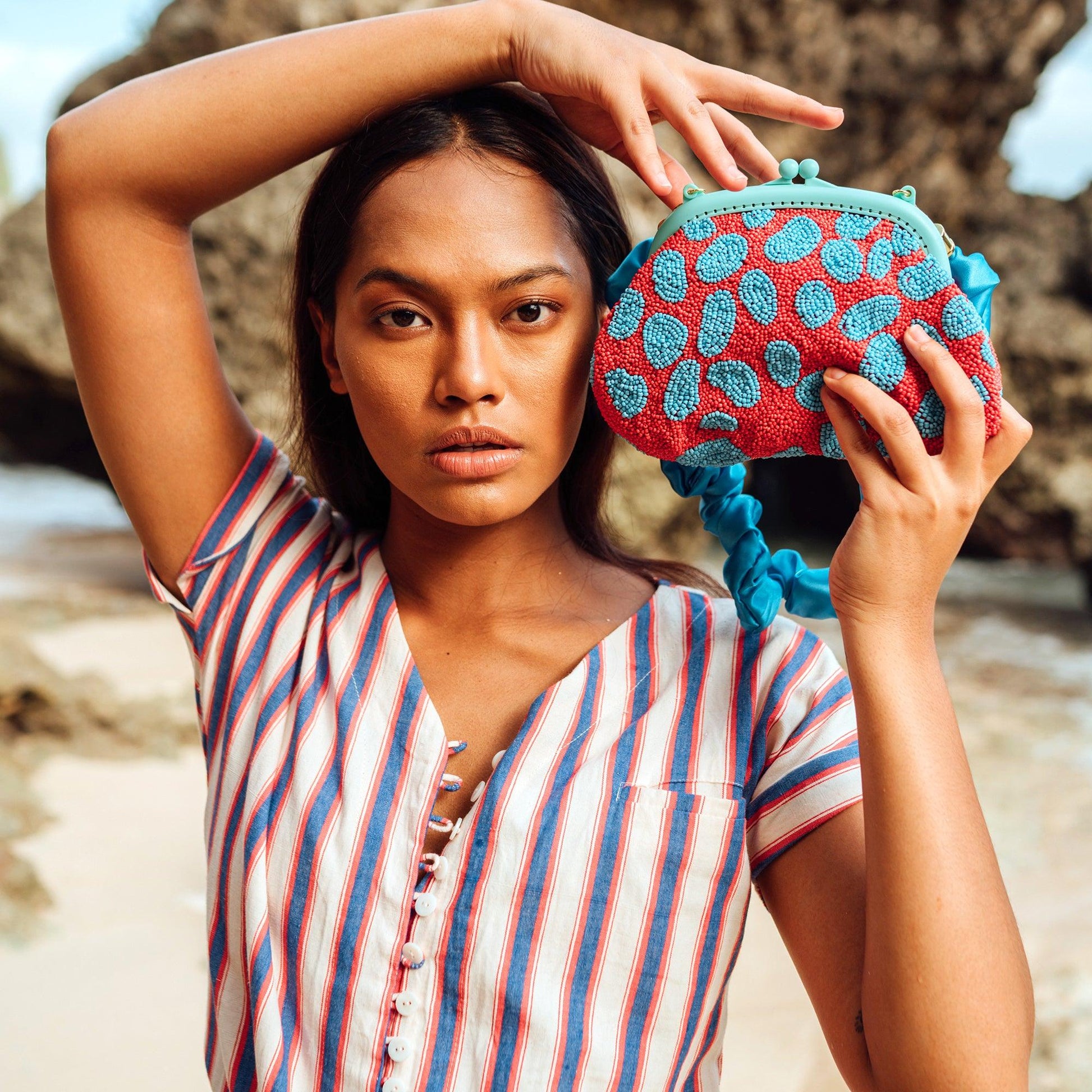 ARNOLDI ARIELA Hand-beaded Clutch, in Red & Turquoise - The Higher Flower