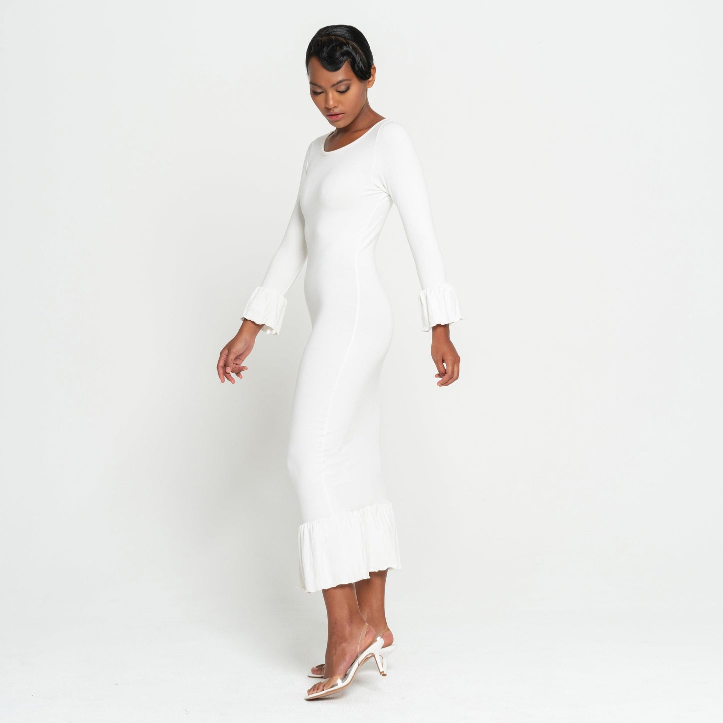 MARJORIE Bamboo Ruffle Dress In Off-white - The Higher Flower