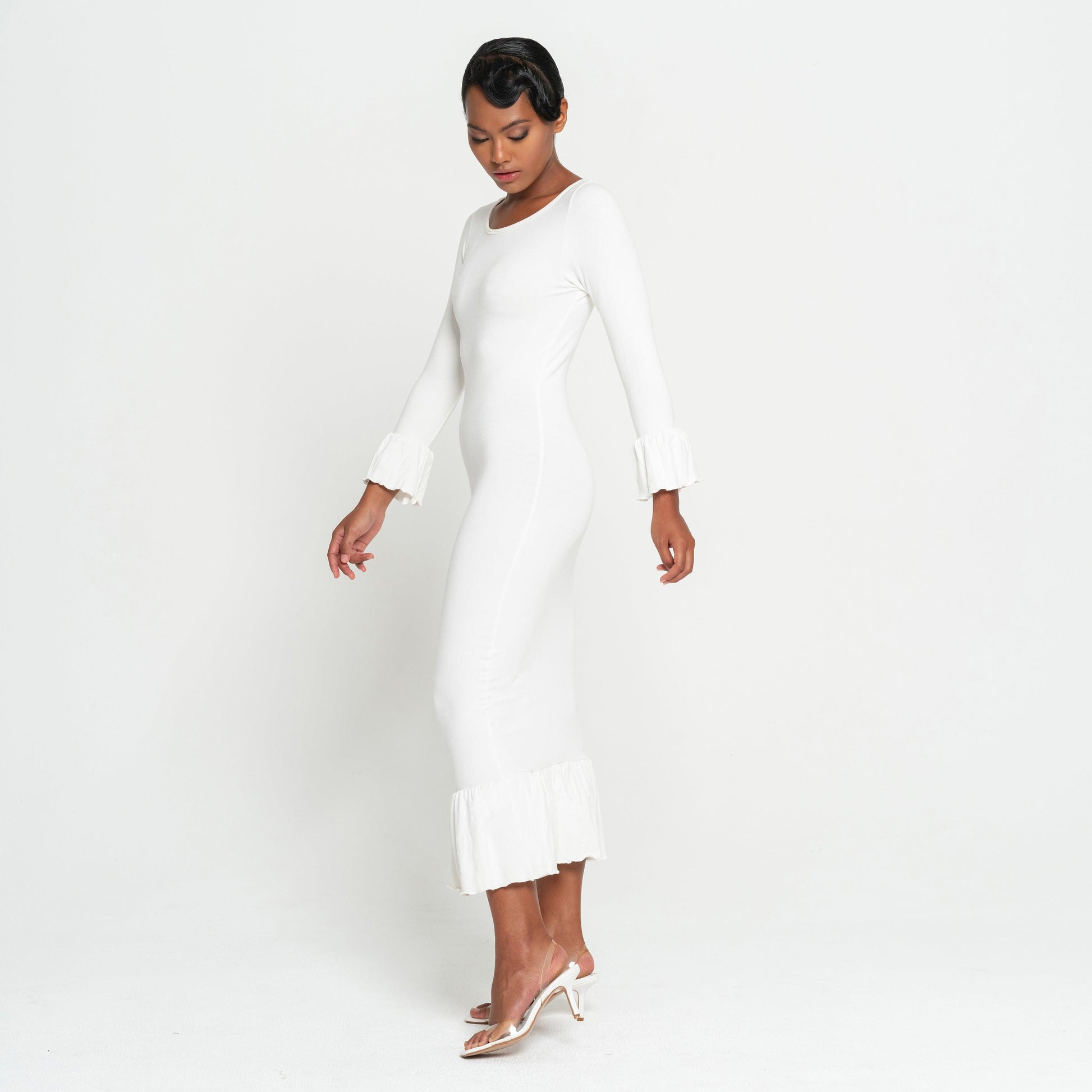 MARJORIE Bamboo Ruffle Dress In Off-white - The Higher Flower