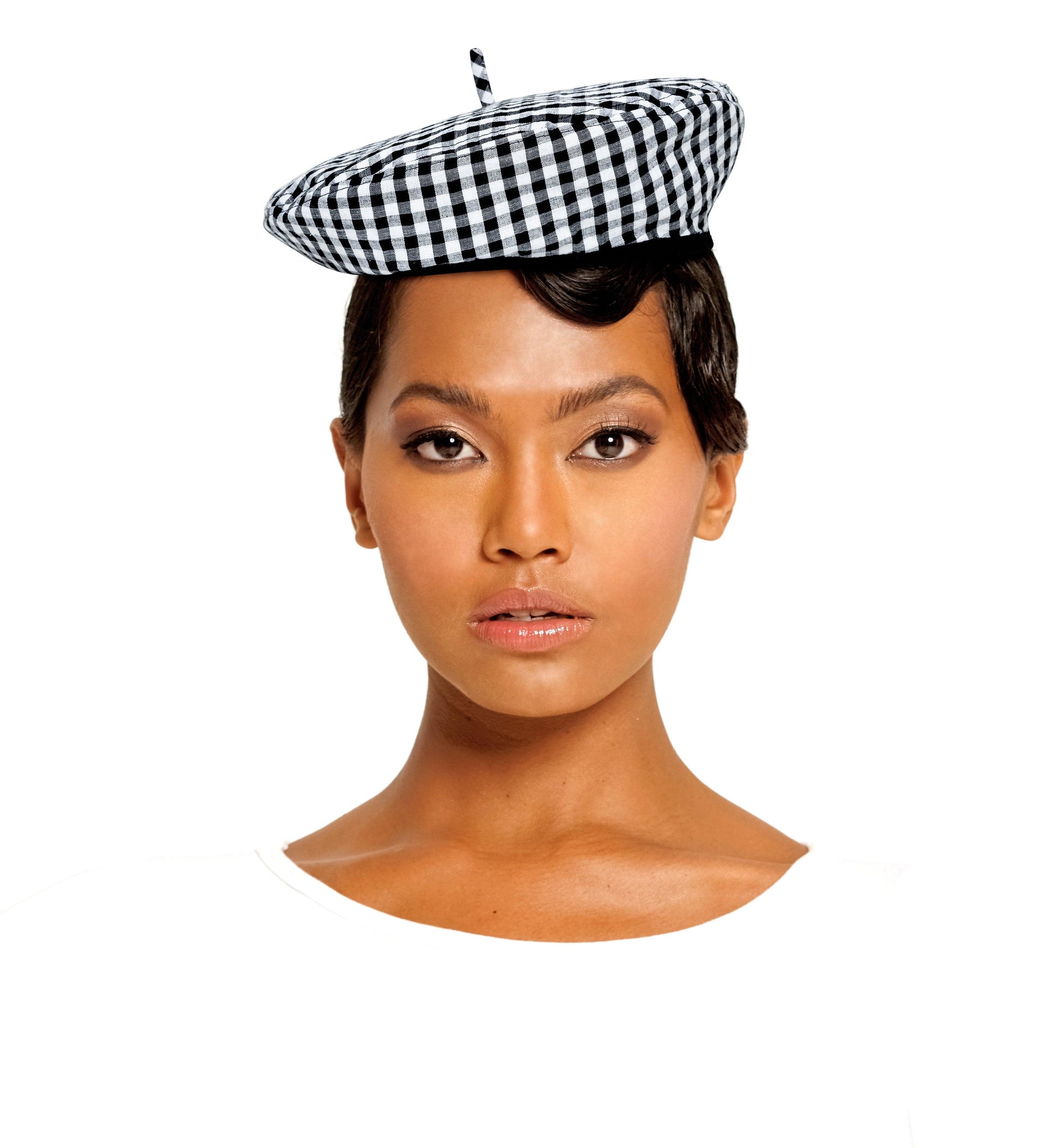 SIMONE Gingham Beret Hat In Black - The Higher Flower