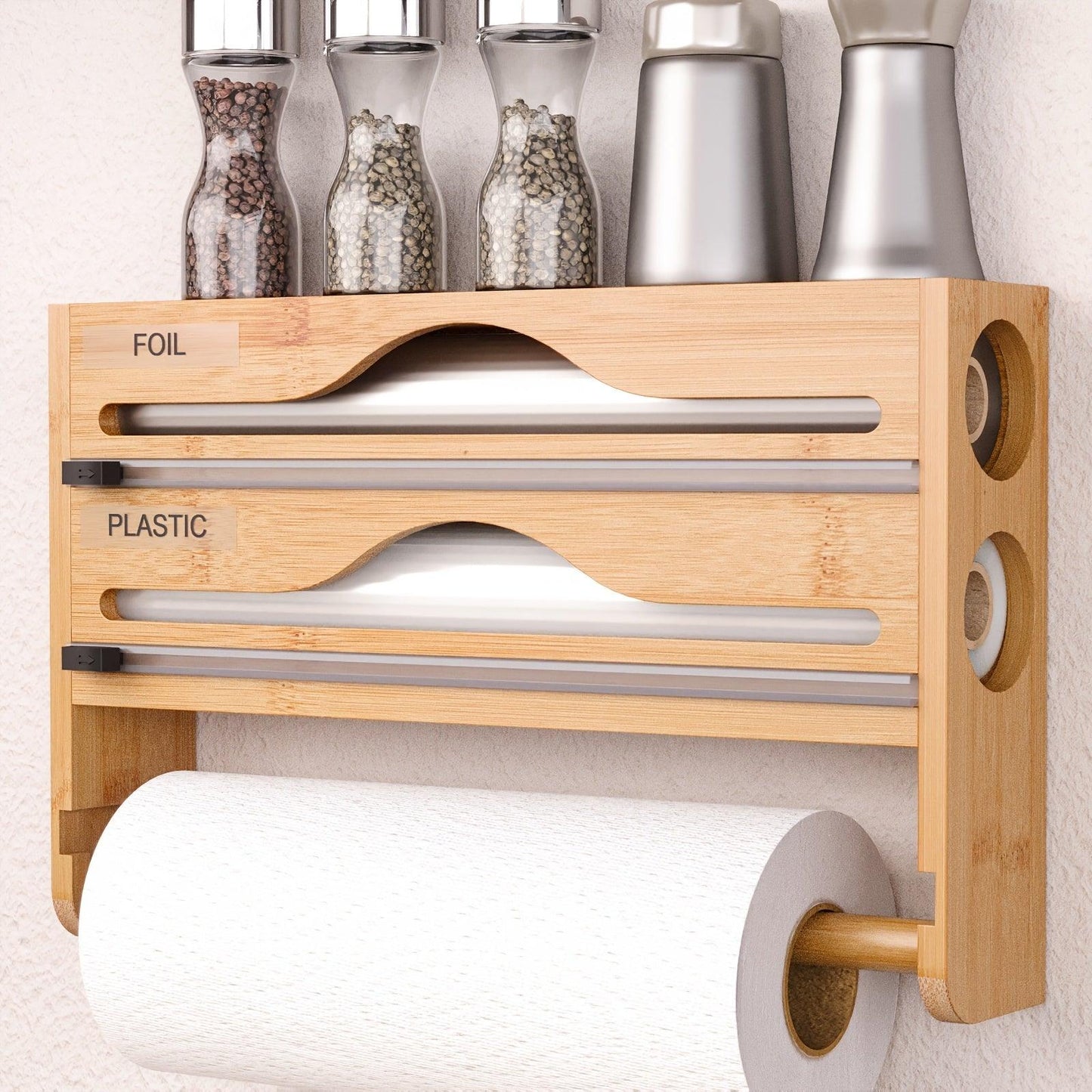 1pc Bamboo Kitchen Wrap Organizer - 4-in-1 Wall Mount Storage for - The Higher Flower