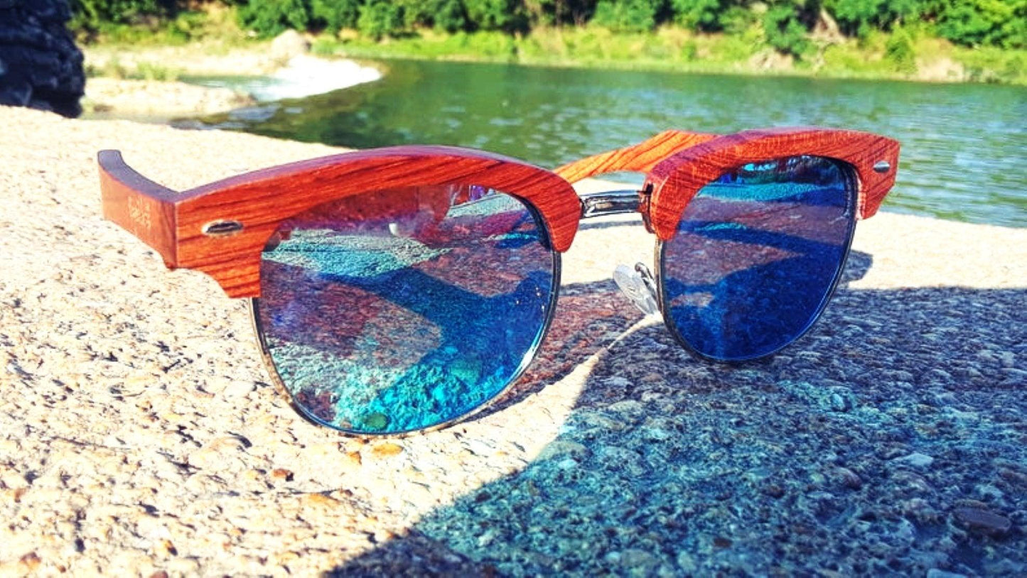 100% Real Brazilian Pear Wood Sunglasses With Ice Blue Lenses and - The Higher Flower