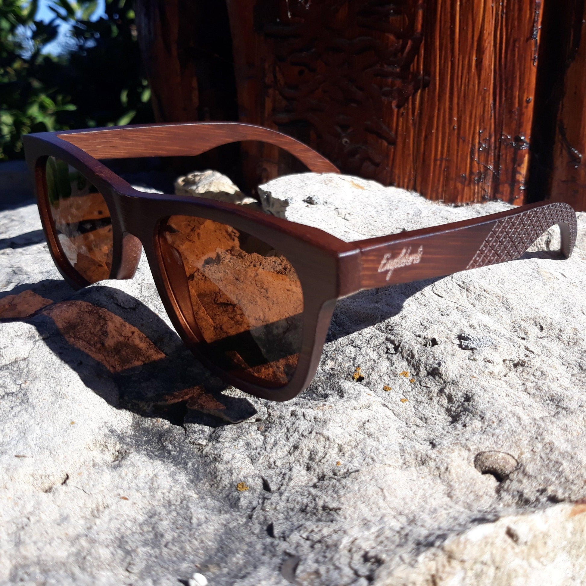 Crimson Wooden Sunglasses With Bamboo Case, Tea Polarized Lenses, - The Higher Flower